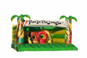 Jungle themed jumping castle with obstacles