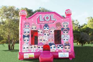 Pink LOL jumping castle hire with slide
