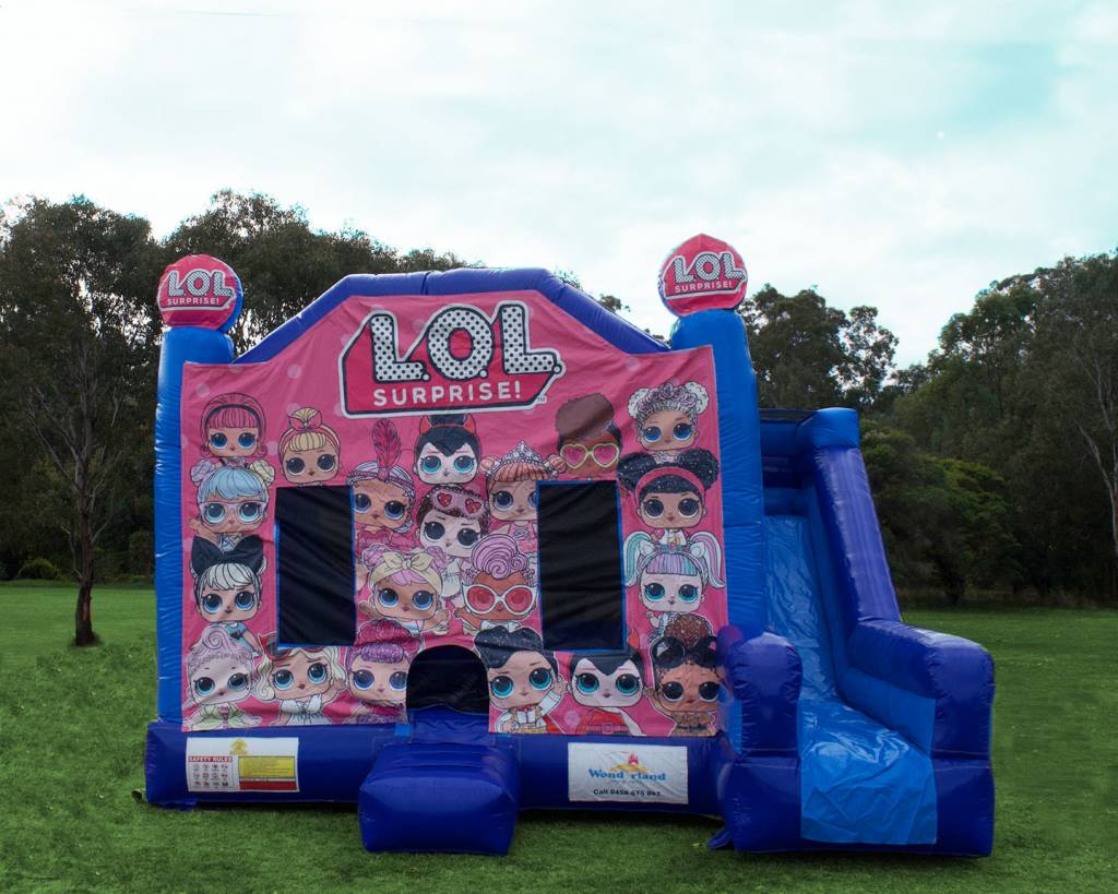 Blue LOL Dolls jumping castle hire with slide