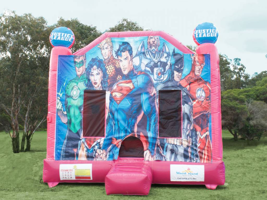 Pink Justice League jumping castle hire