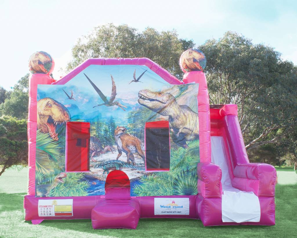 Pink dinosaur jumping castle with slide