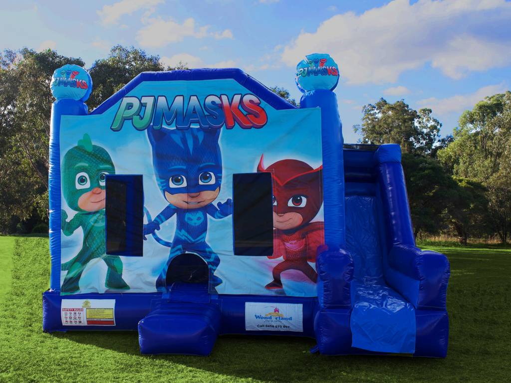 Blue PJ Masks jumping castle with slide