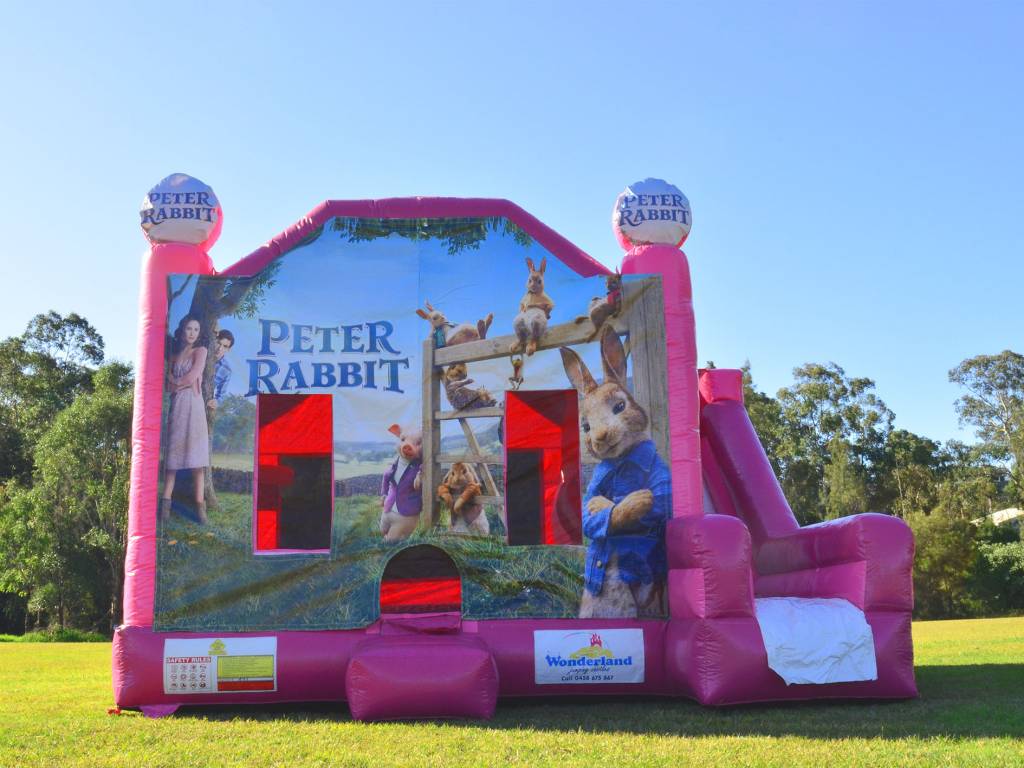 Pink Peter Rabbit jumping castle with slide