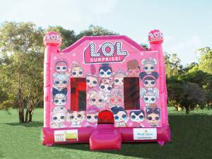 Pink LOL jumping castle hire with slide