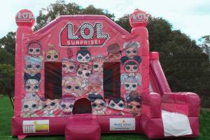 Pink LOL themed jumping castle