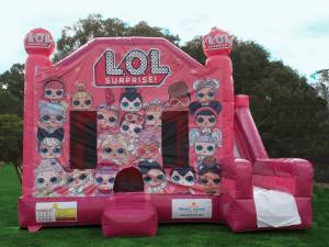 Pink LOL themed jumping castle