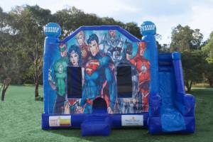 Giant Justice League castle in blue with slide