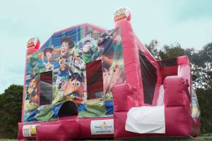 Pink Toy Story jumping castle hire with slide