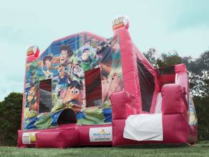 Pink Toy Story jumping castle hire with slide