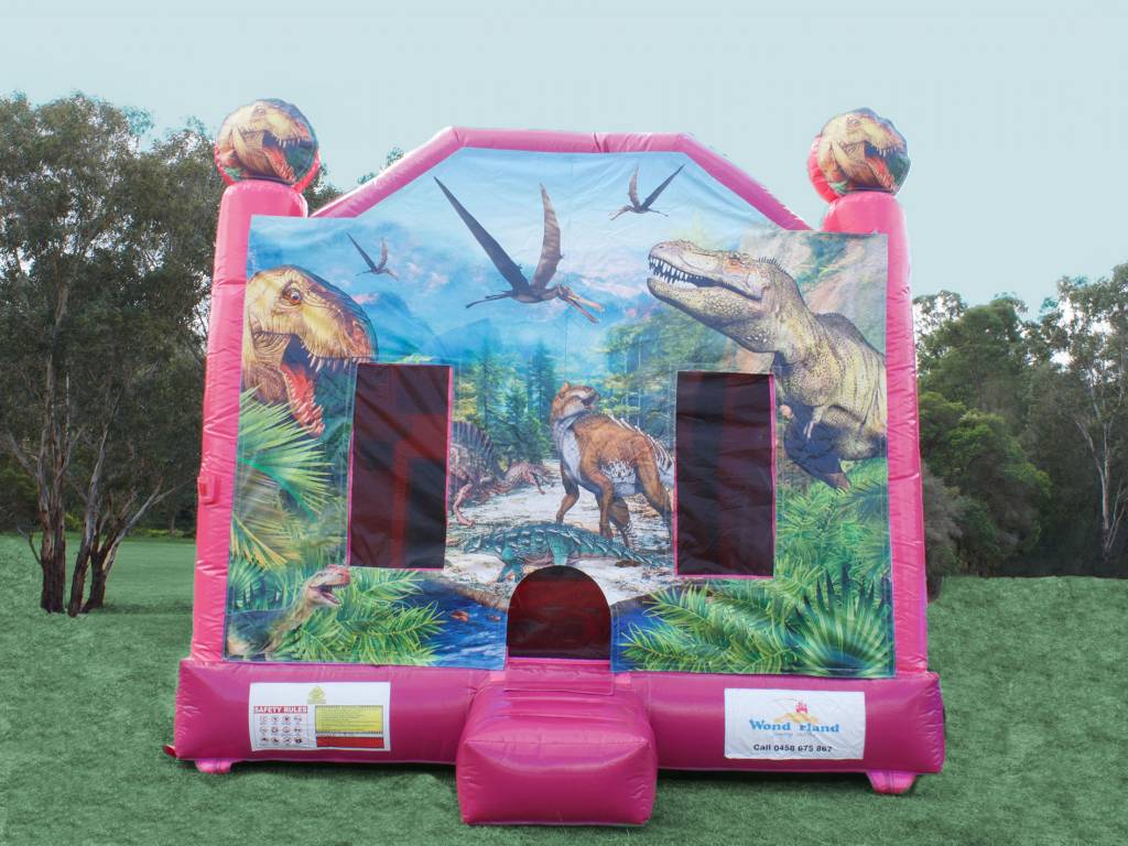 Pink dinosaur jumping castle hire