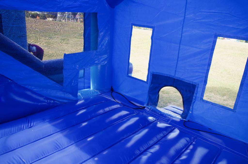 High angle shot of jumping castle interior with door and windows