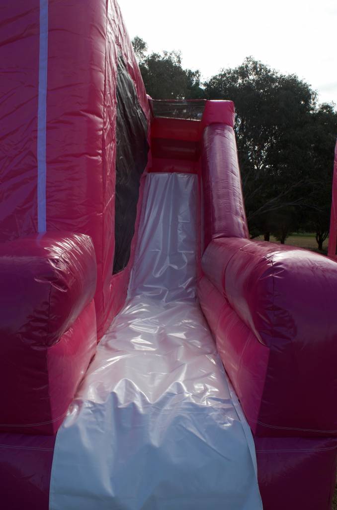 Side of pink jumping castle with slide