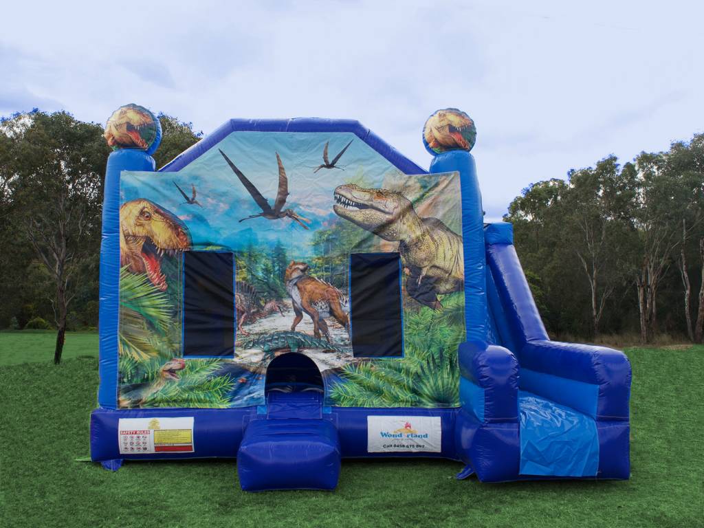 Blue dinosaur jumping castle with slide