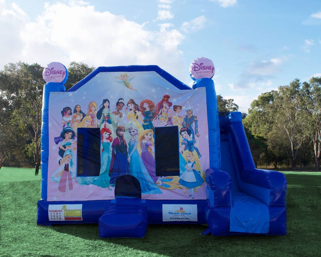 Blue Disney Princess jumping castle with slide