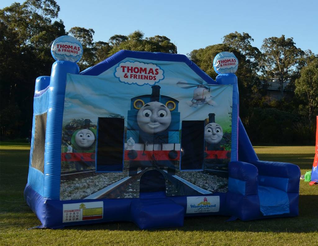 Blue Thomas the Tank Engine jumping castle with slide